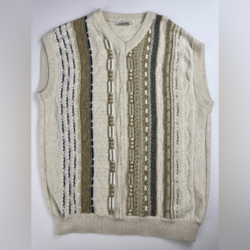 Carlo Comberti Coogi Style Vintage Knit Vest Y2K 90’s Beige Blue Large No Tag